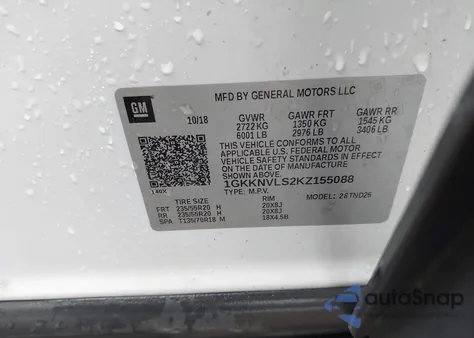 2019 GMC Acadia Slt-1 z USA, uszkodzony, nr VIN 1GKKNVLS2KZ155088